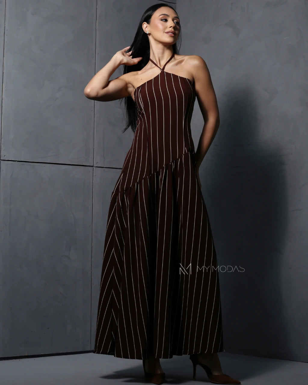 Vestido longo frente única risca de Giz
