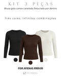 Kit 3 peças Blusa gola canoa canelada Peluciada por dentro
