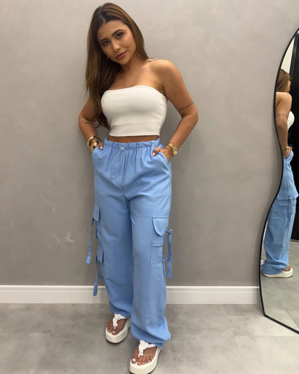 Calça cargo Viscolinho pré lavado