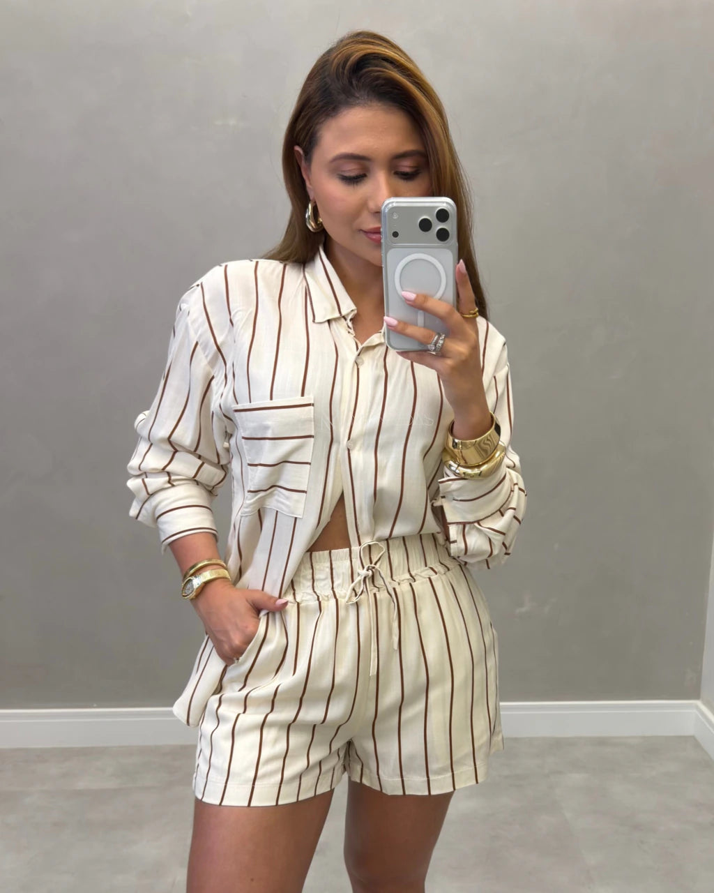 Conjunto camisa e shorts Viscolinho pré lavado