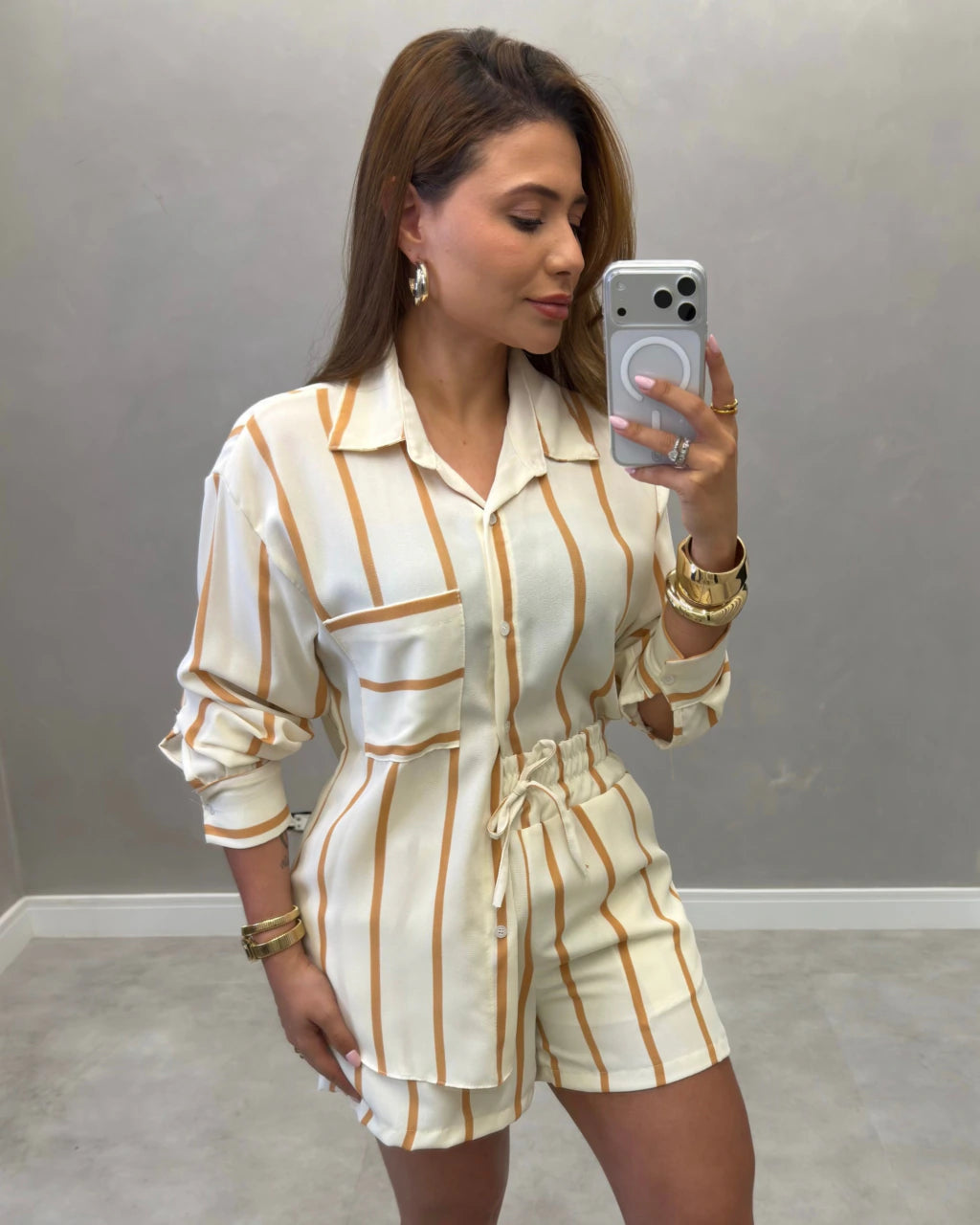 Conjunto camisa e shorts Viscolinho pré lavado