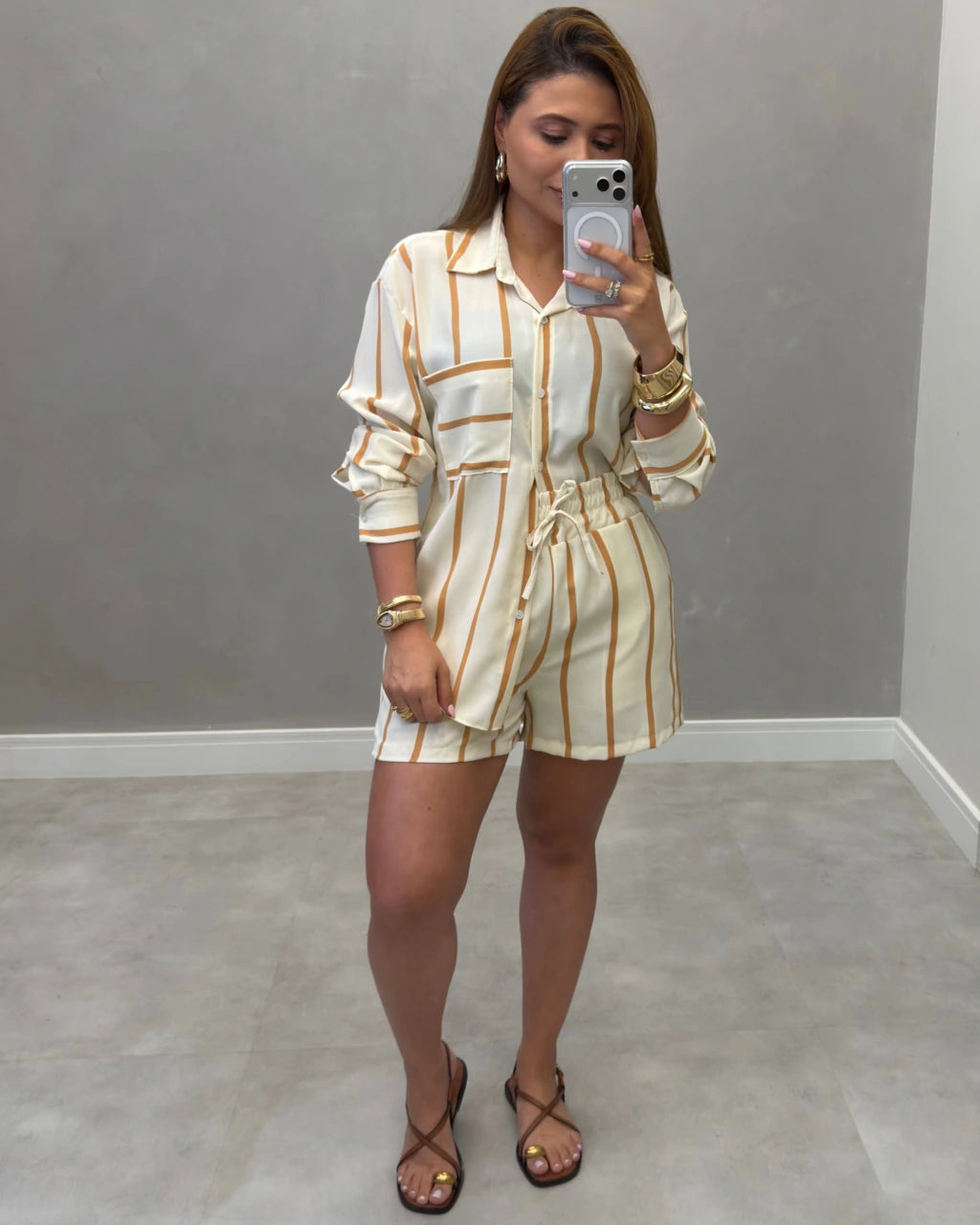 Conjunto camisa e shorts Viscolinho pré lavado