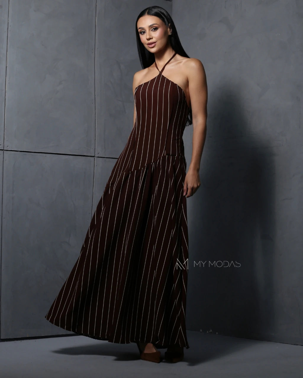 Vestido longo frente única risca de Giz
