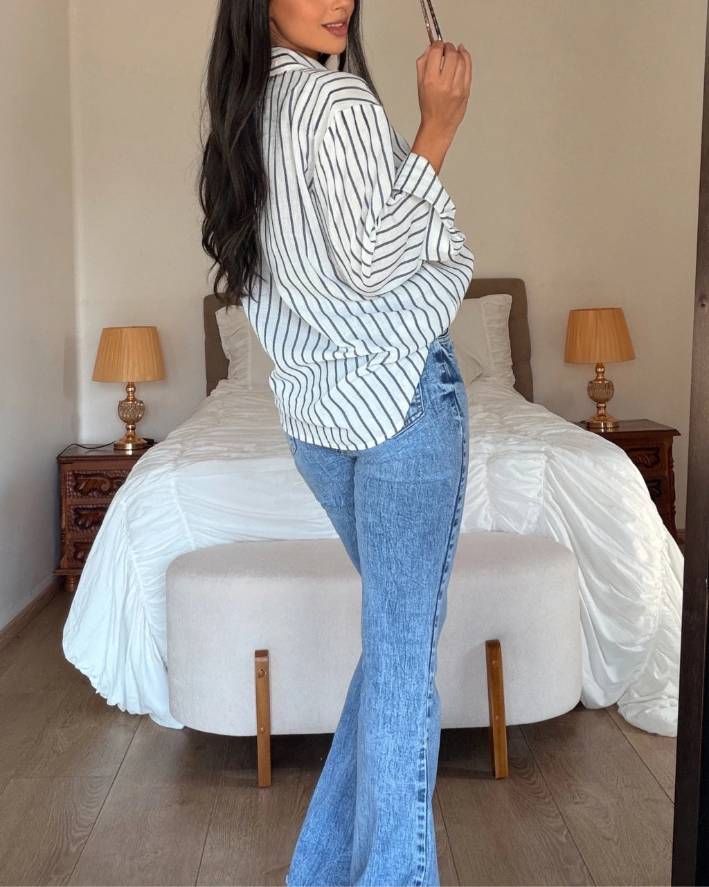 Calça flare jeans com elastano