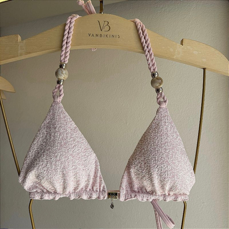 Top cortininha com bojo detalhes trançados e miçangas alças com bojo removível Algodão doce rosa (CALCINHA NÃO INCLUSO)