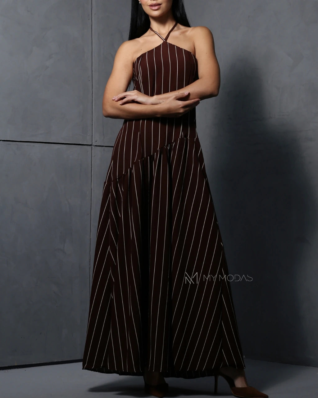 Vestido longo frente única risca de Giz