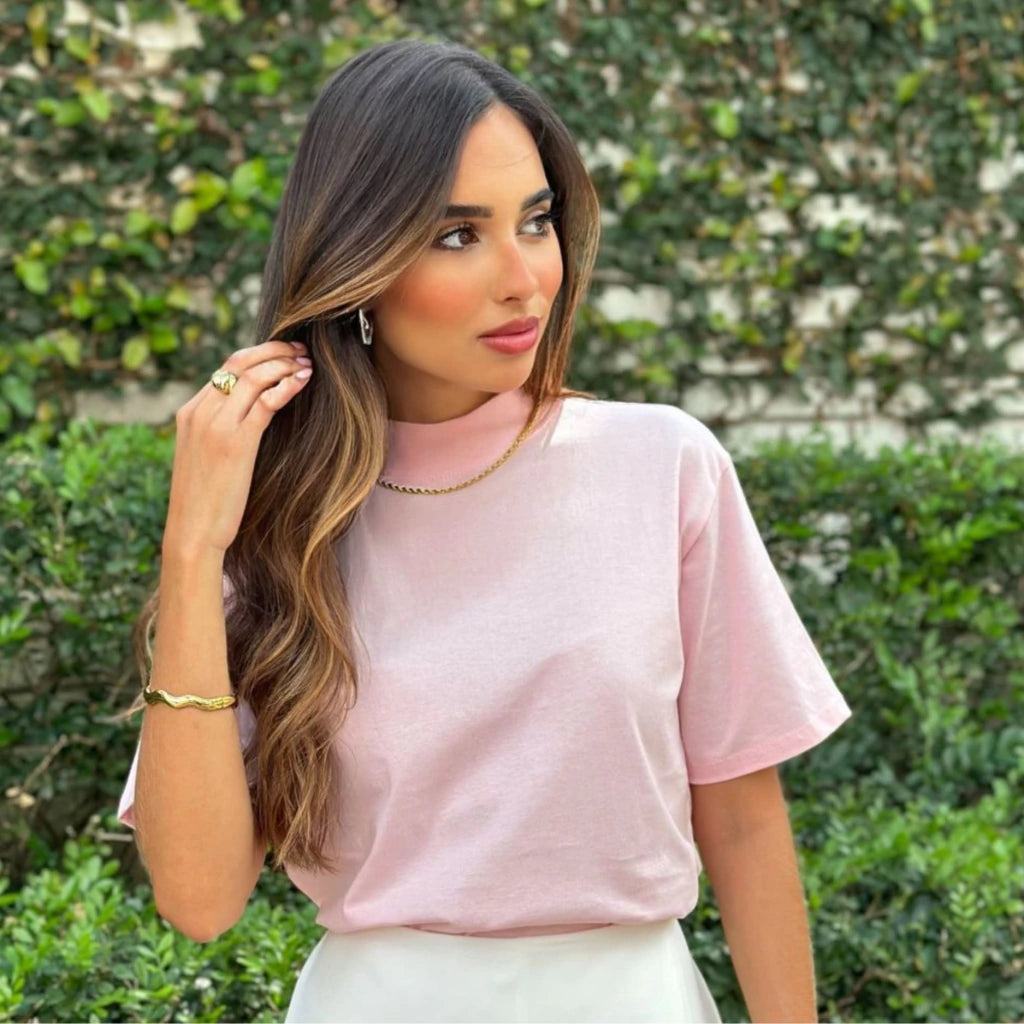 Kit Tshirt Algodão Gola Alta - Off White, Rosa bebê e Azul bebê