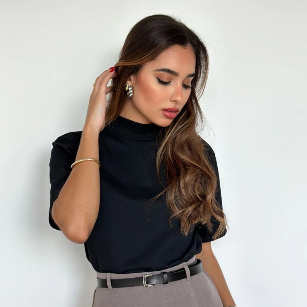 Kit Tshirt Algodão Gola Alta - Marrom, Preto, Off White