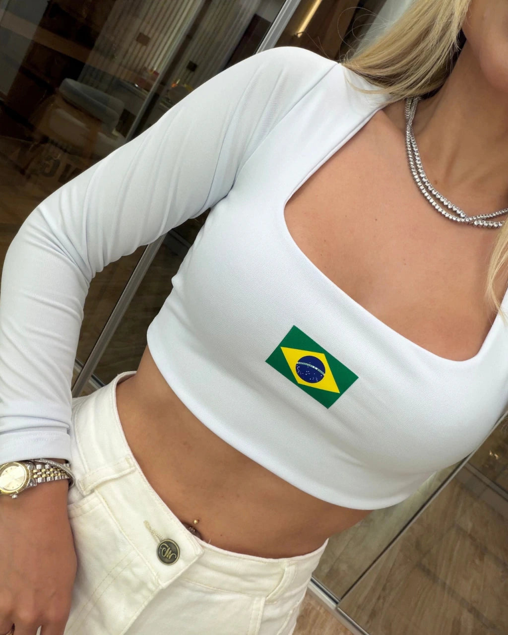 Cropped manga longa Suplex poliamida duplo Brasil