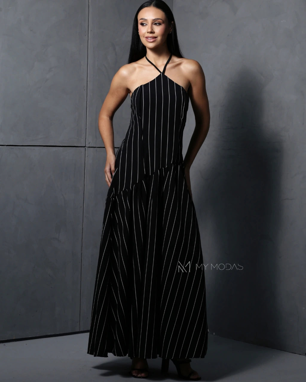 Vestido longo frente única risca de Giz