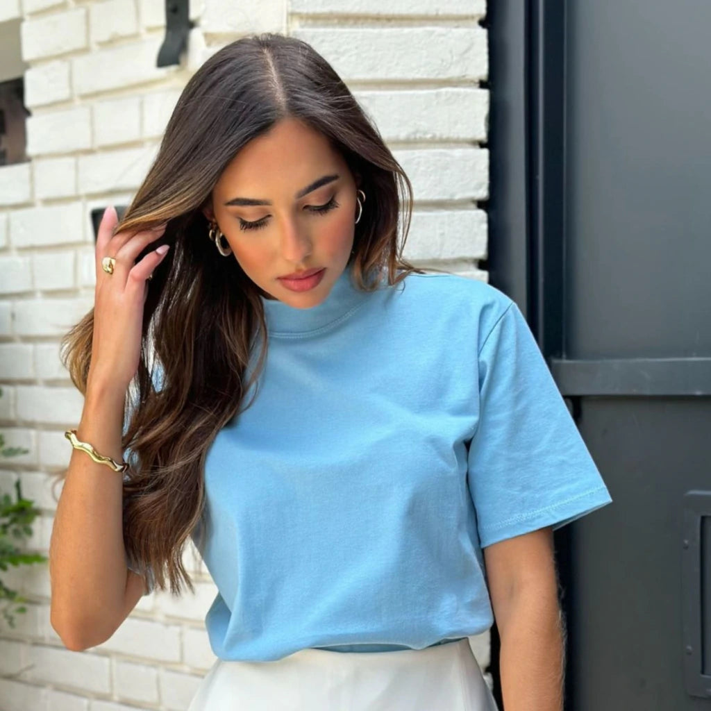 Kit Tshirt Algodão Gola Alta - Off White, Rosa bebê e Azul bebê