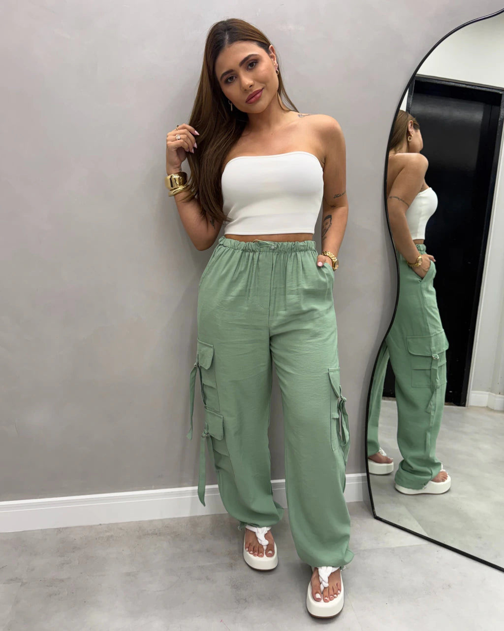 Calça cargo Viscolinho pré lavado