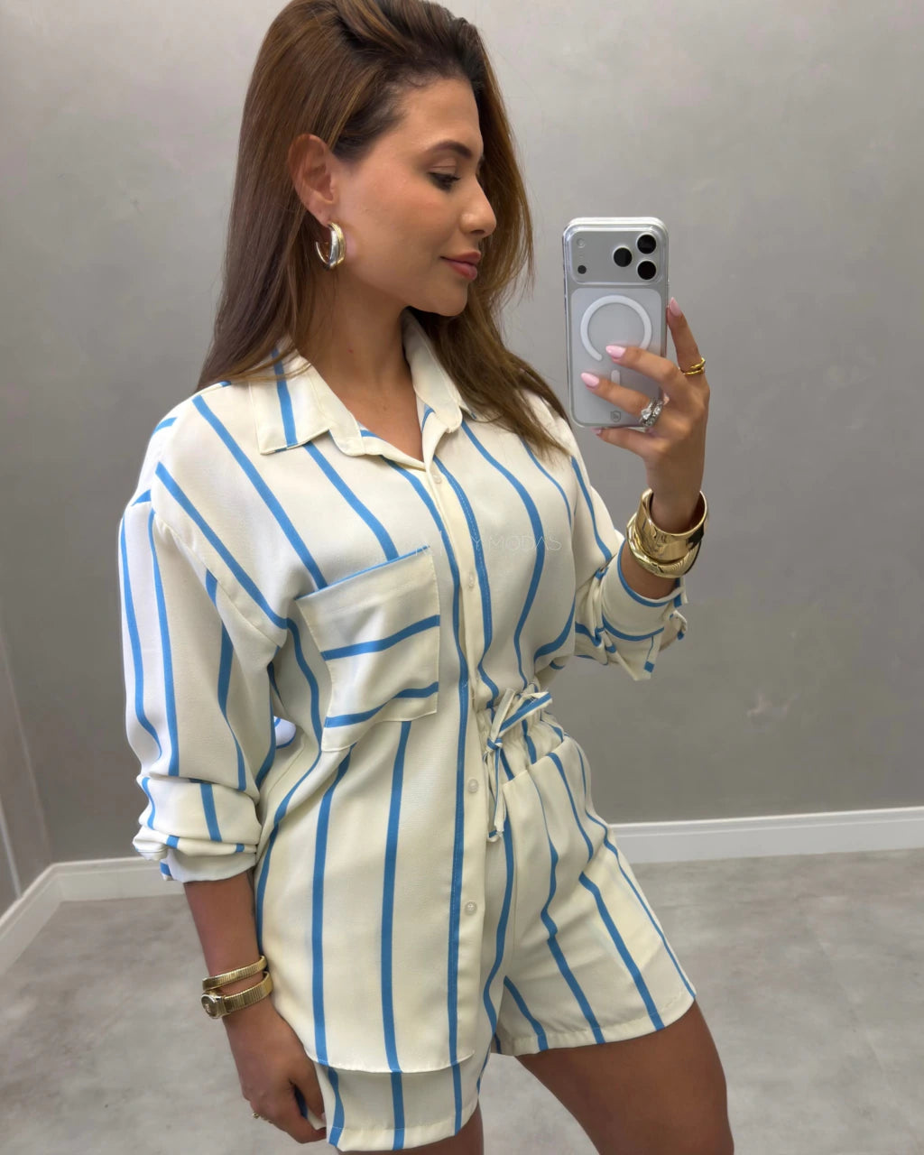 Conjunto camisa e shorts Viscolinho pré lavado