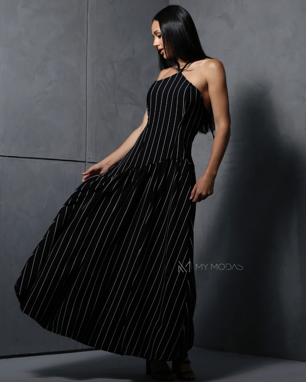 Vestido longo frente única risca de Giz