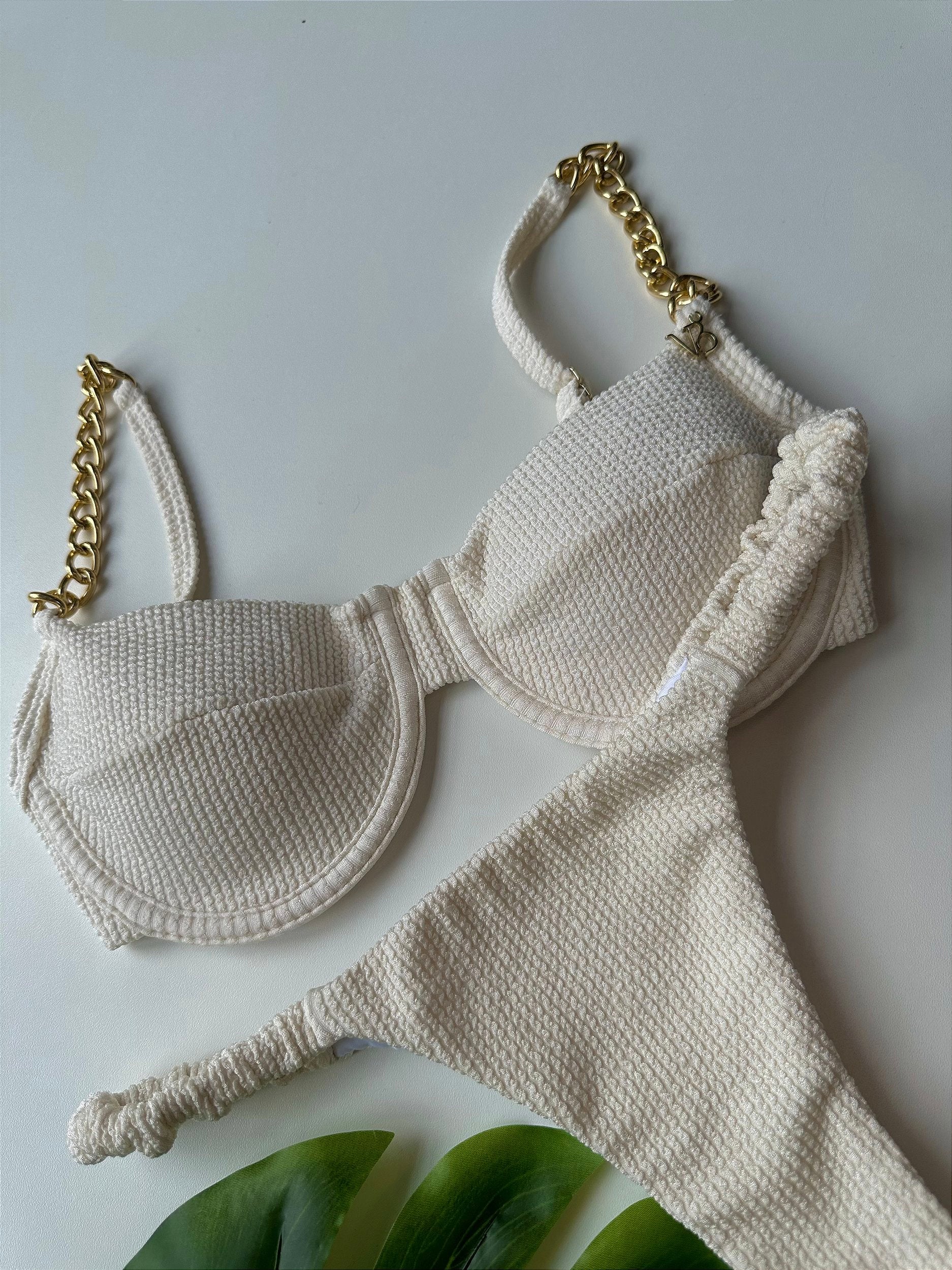 Meia Taça Alça corrente Plisse off white (CALCINHA NÃO INCLUSO)