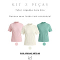 Kit Tshirt Algodão Gola Alta - Off White, Rosa bebê, Verde água
