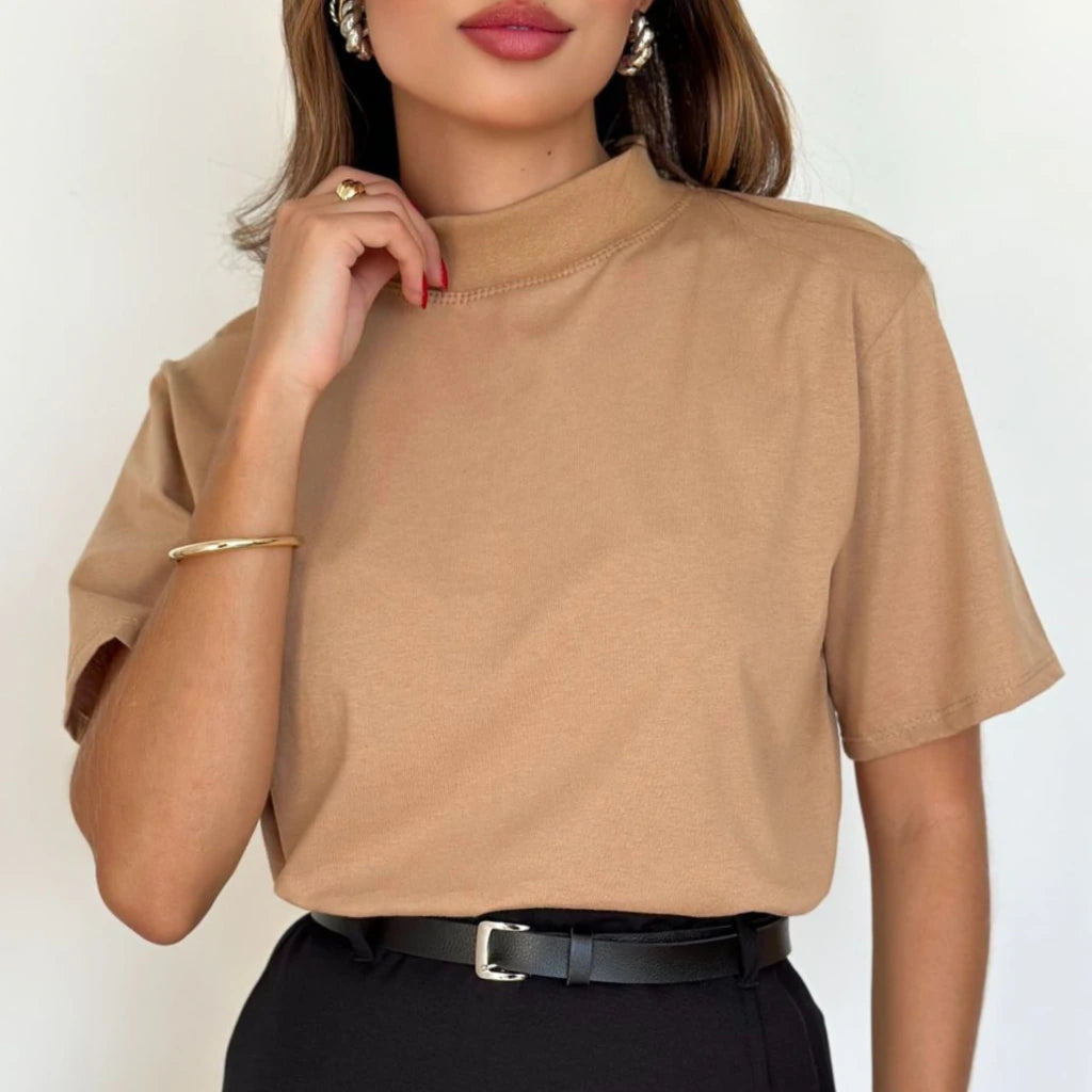 Kit Tshirt Algodão Gola Alta - Preto, Off White, Nude