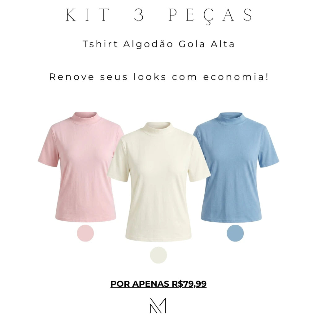 Kit Tshirt Algodão Gola Alta - Off White, Rosa bebê e Azul bebê