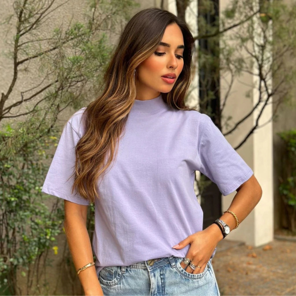 Kit Tshirt Algodão Gola Alta - Preto, Off White, Lilás