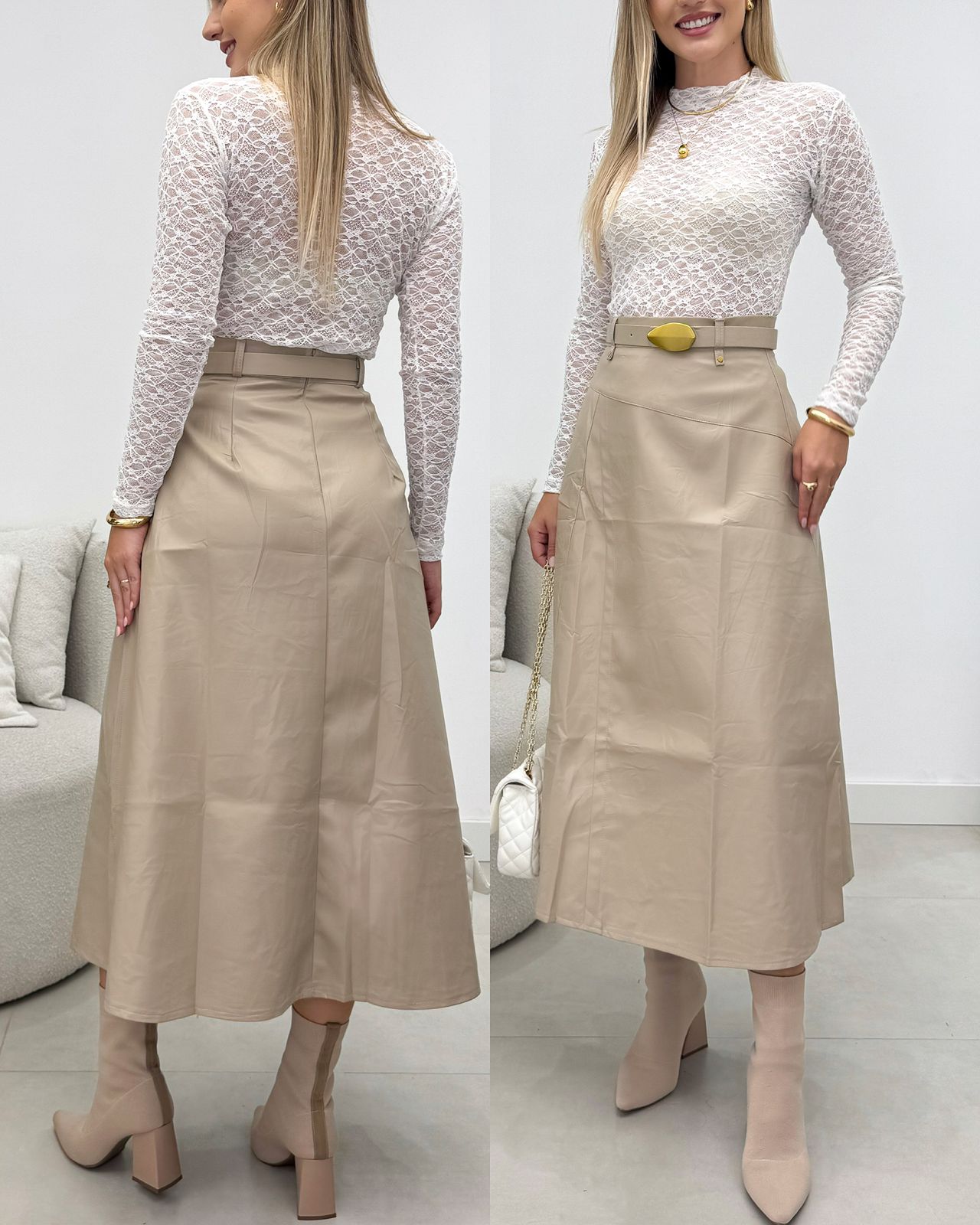 Saia Midi Gabriela Bege Claro 133463