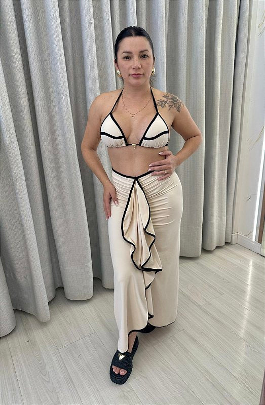 Saia Ipanema off white com viés preto