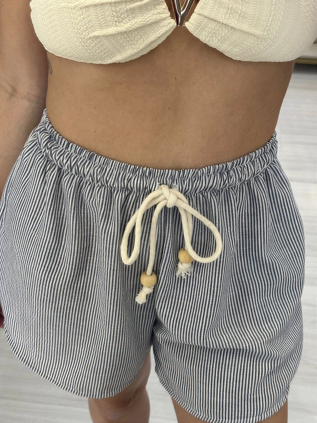 Camisa + shorts bolso micro linho listras marinho