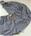 Camisa + shorts bolso micro linho listras marinho