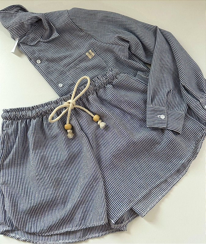 Camisa + shorts bolso micro linho listras marinho
