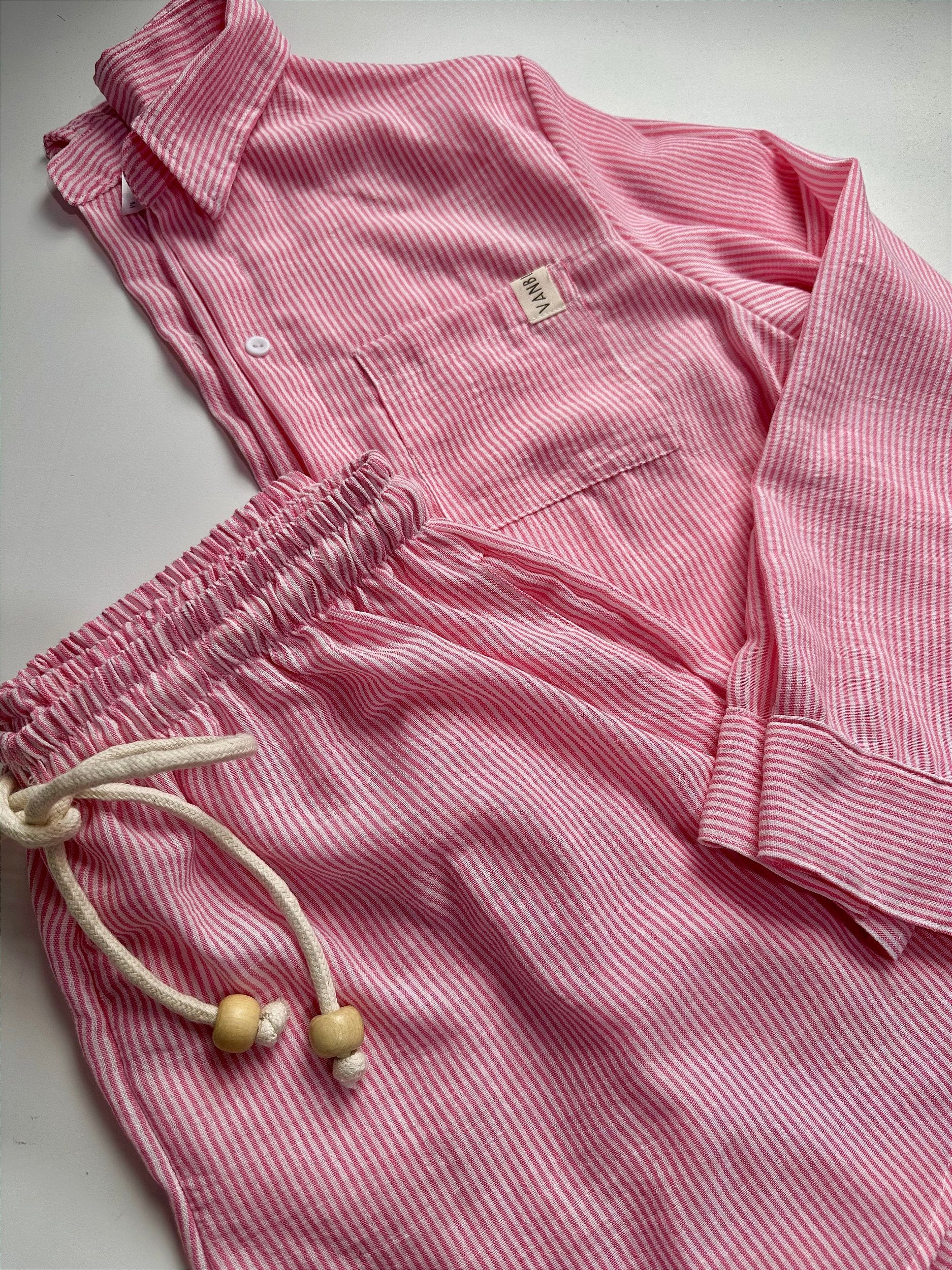 Camisa + shorts bolso micro linho listras rosa
