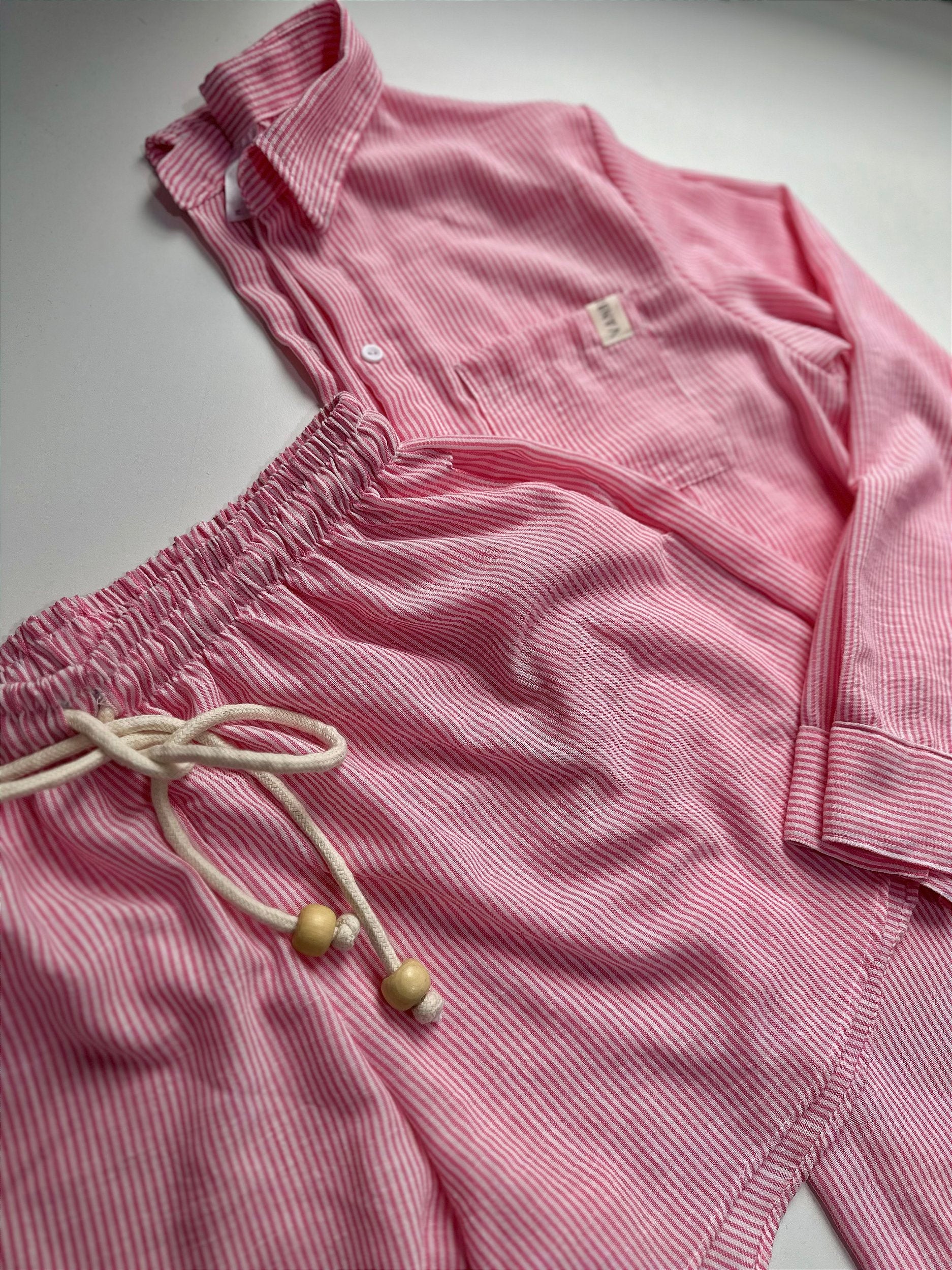 Camisa + shorts bolso micro linho listras rosa