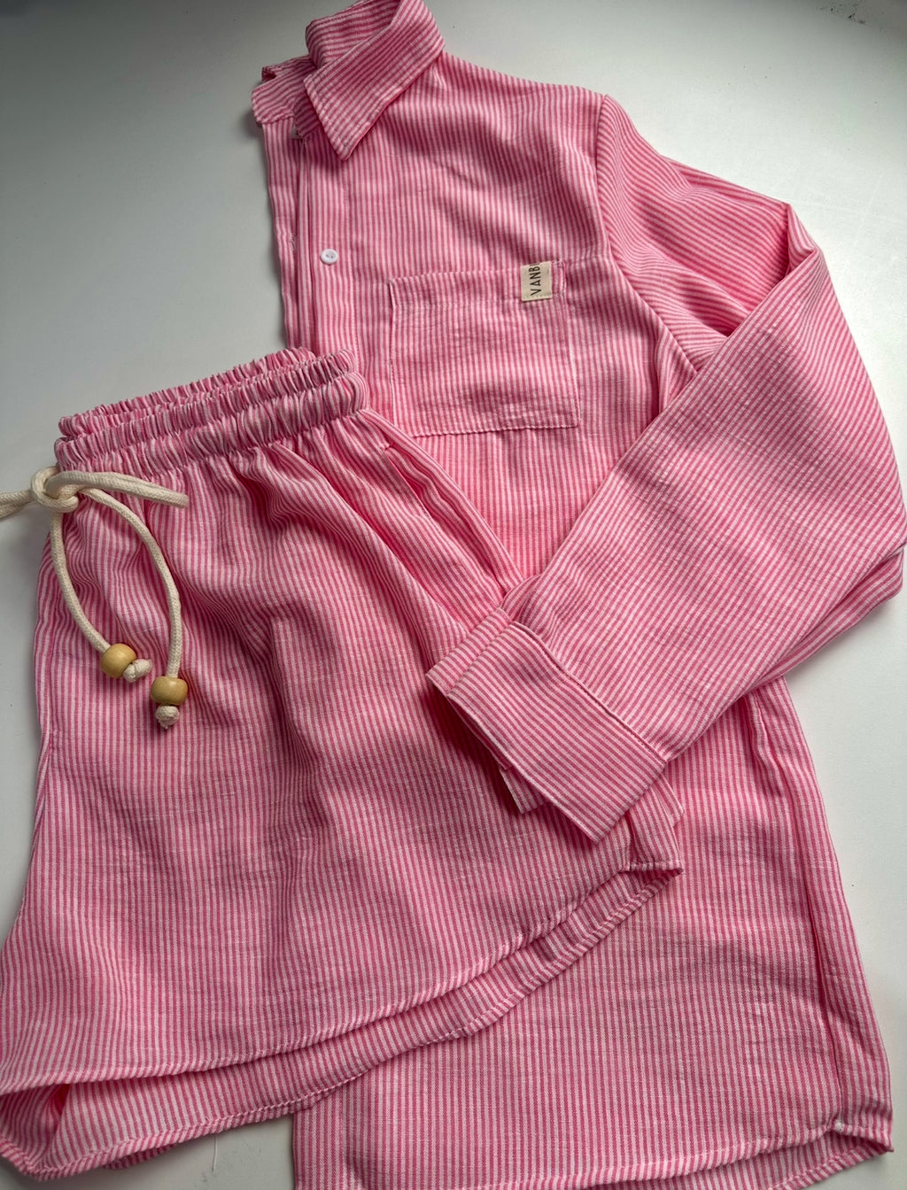 Camisa + shorts bolso micro linho listras rosa