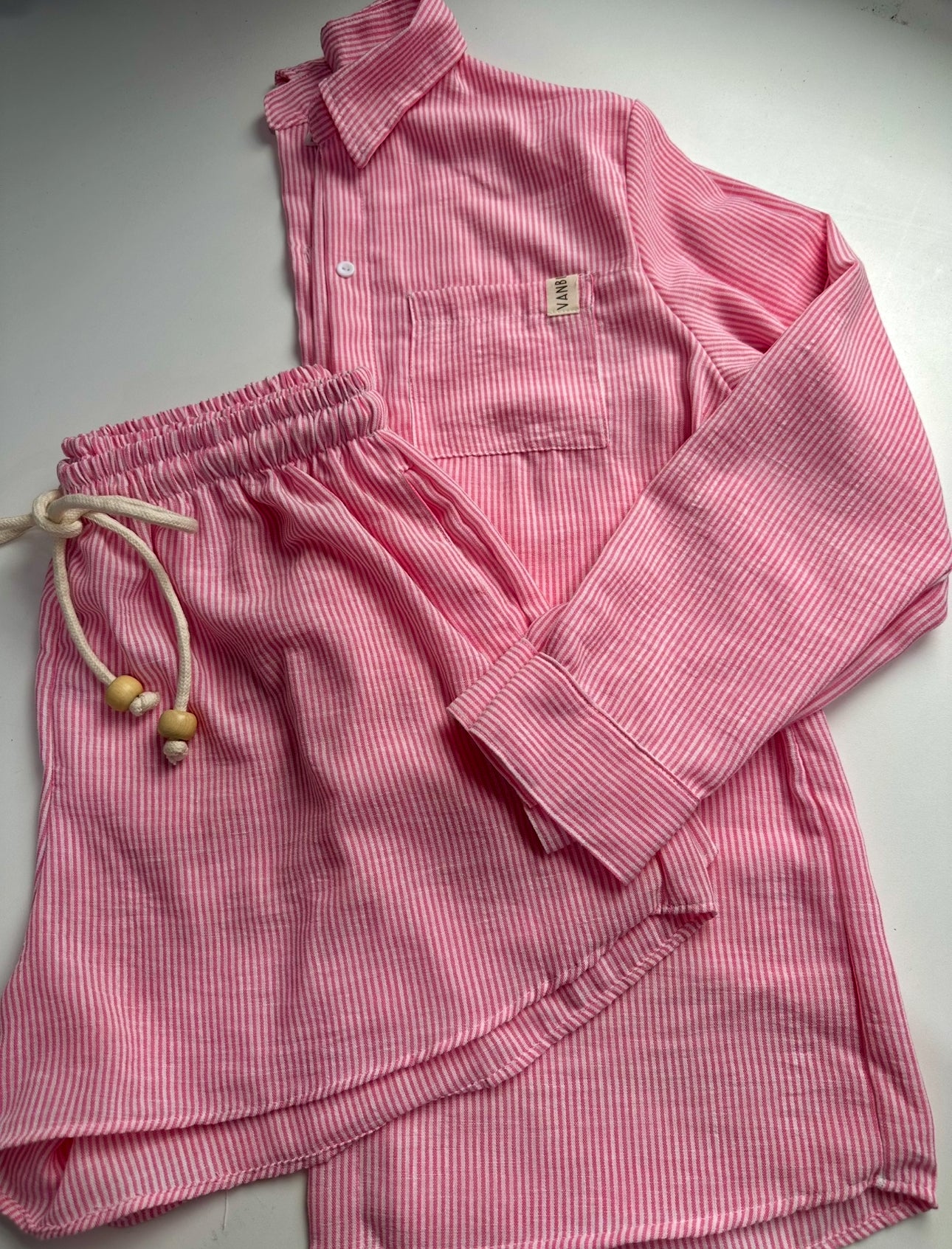 Camisa + shorts bolso micro linho listras rosa